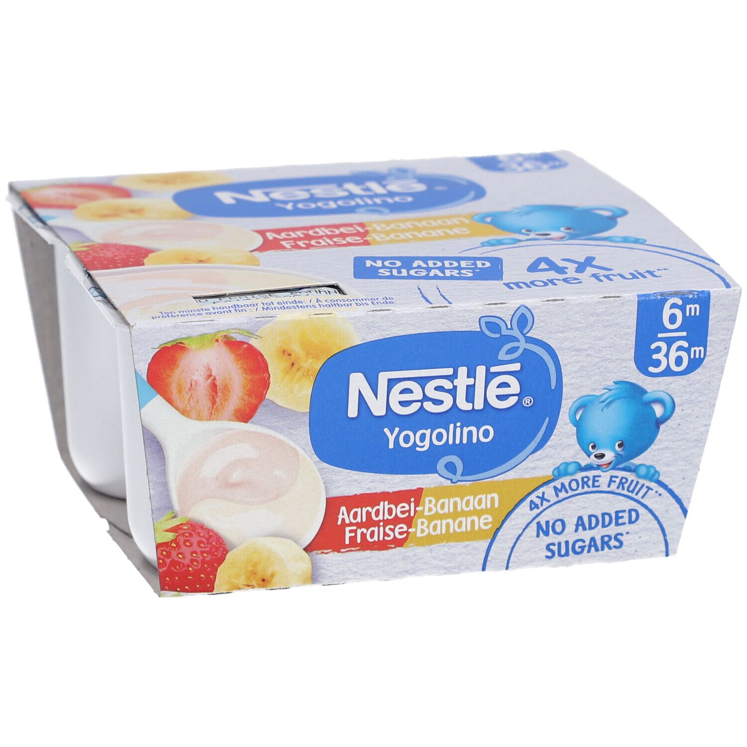 Verpackung mit vier Bechern Yogolino. Erdbeer-Banane-Geschmack. Marke Nestle. Mit 4x mehr Frucht und ohne Zuckerzusatz.