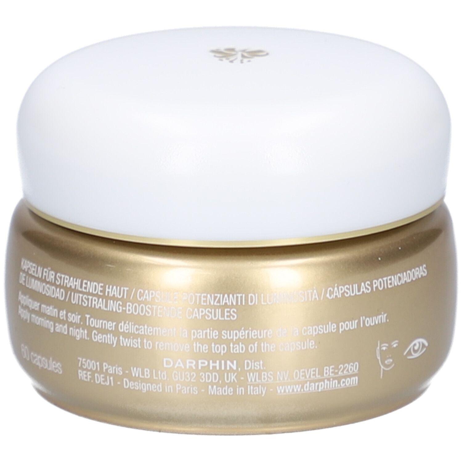 Goldfarbener Tiegel mit weißem Deckel. Aufschrift: Darphin, Éclat Sublime. Kapseln für Ausstrahlung. 60 Kapseln.