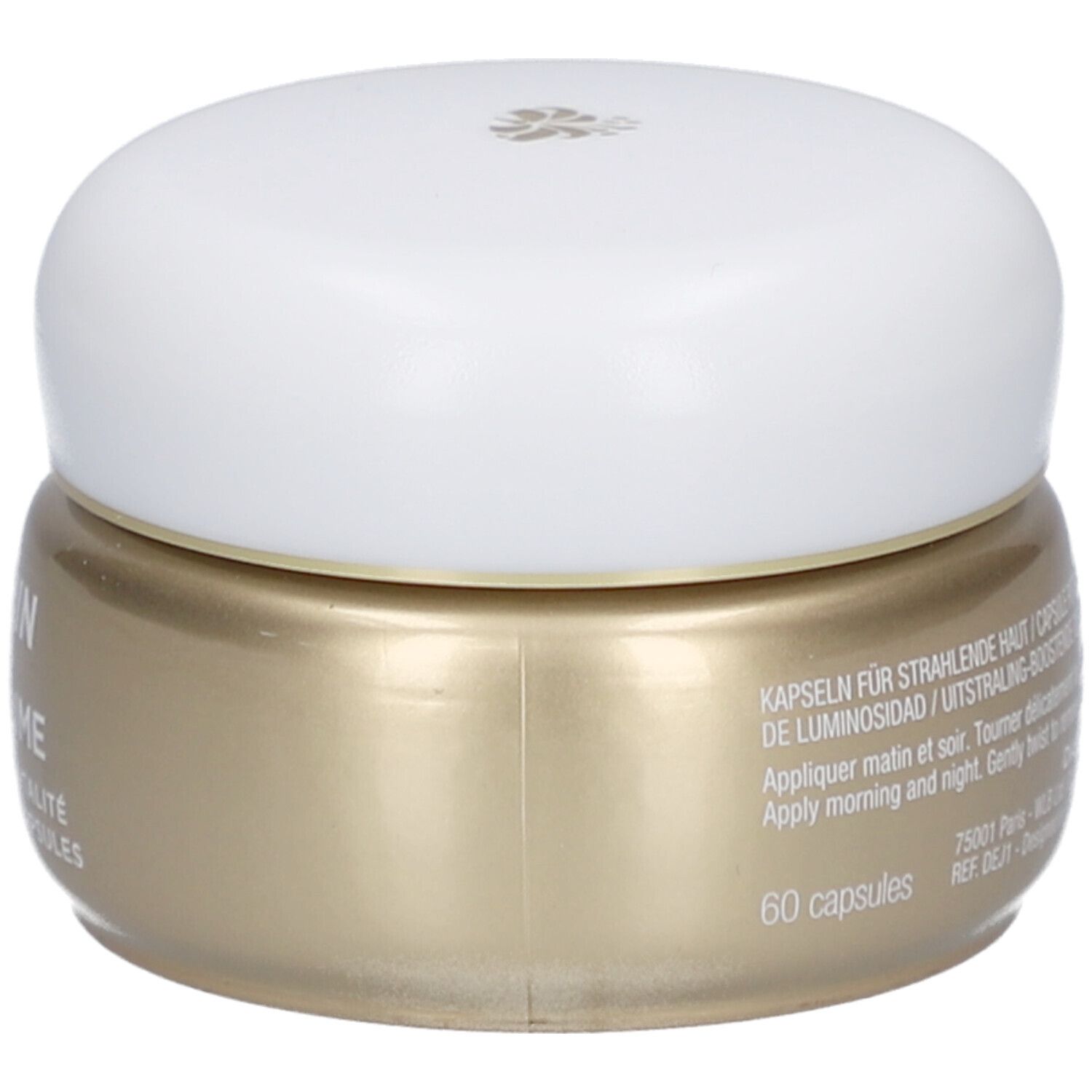 Goldfarbener Tiegel mit weißem Deckel. Aufschrift: Darphin, Éclat Sublime. Kapseln für Ausstrahlung. 60 Kapseln.