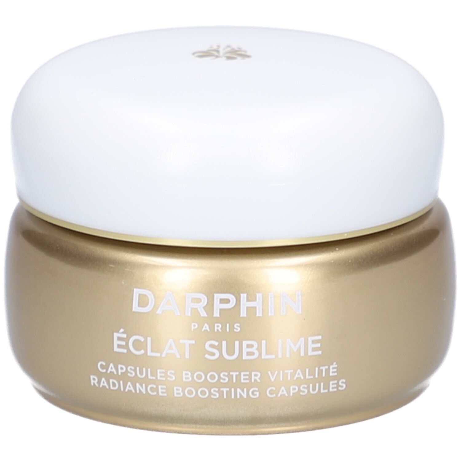 Goldfarbener Tiegel mit weißem Deckel. Aufschrift: Darphin, Éclat Sublime. Kapseln für Ausstrahlung.