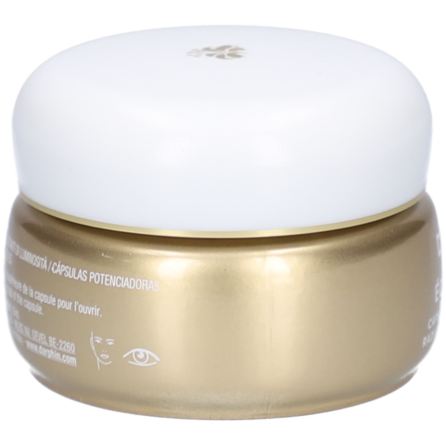 Goldfarbener Tiegel mit weißem Deckel. Aufschrift: Darphin, Éclat Sublime. Kapseln für Ausstrahlung.
