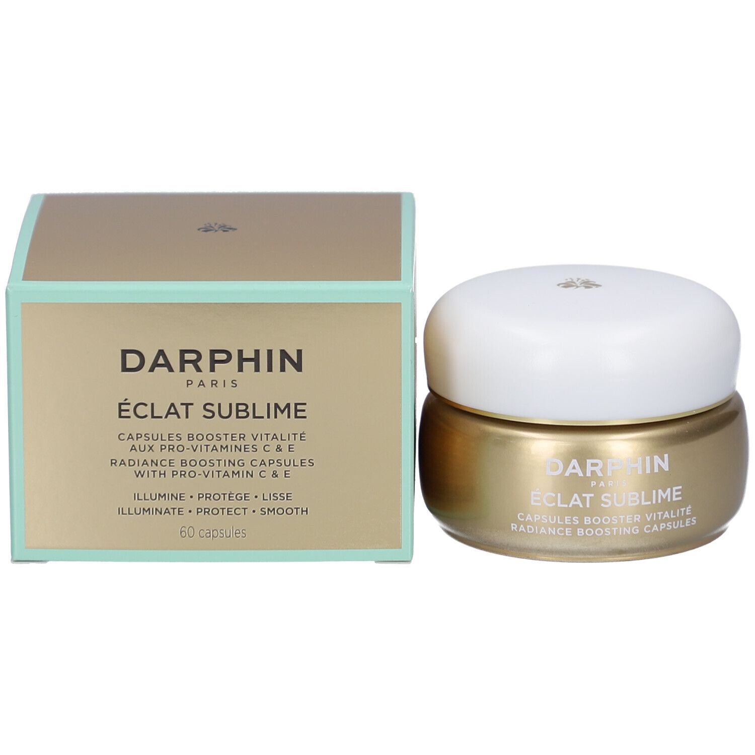 Produktverpackung und Tiegel. Aufschrift: Darphin, Éclat Sublime. Kapseln mit Pro-Vitaminen C & E. 60 Kapseln.