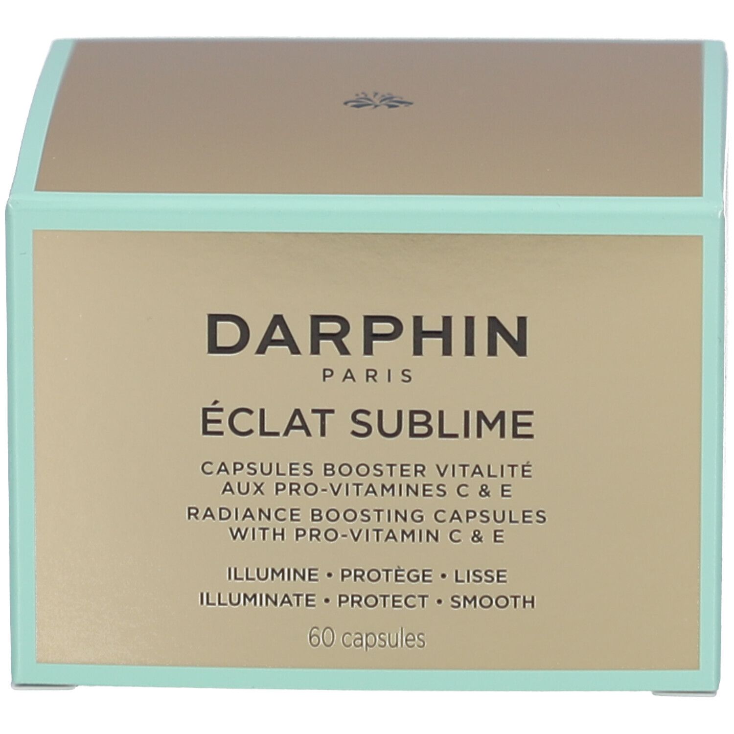 Türkisfarbene Produktverpackung. Aufschrift: Darphin, Éclat Sublime. Kapseln mit Pro-Vitaminen C & E. 60 Kapseln.