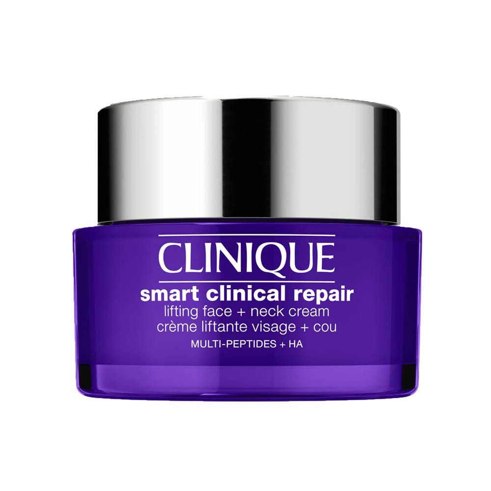 Clinique Smart Clinical Repair Lifting Face + Neck Cream in violettem Tiegel mit silbernem Deckel.
