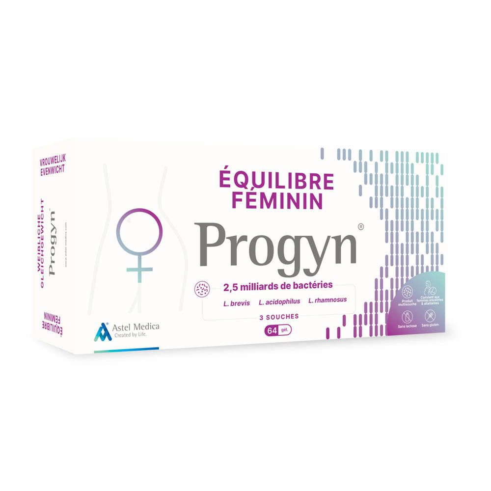 Emballage Progyn, pour l'intimité féminine, 2,5 milliards de bactéries, 3 souches.