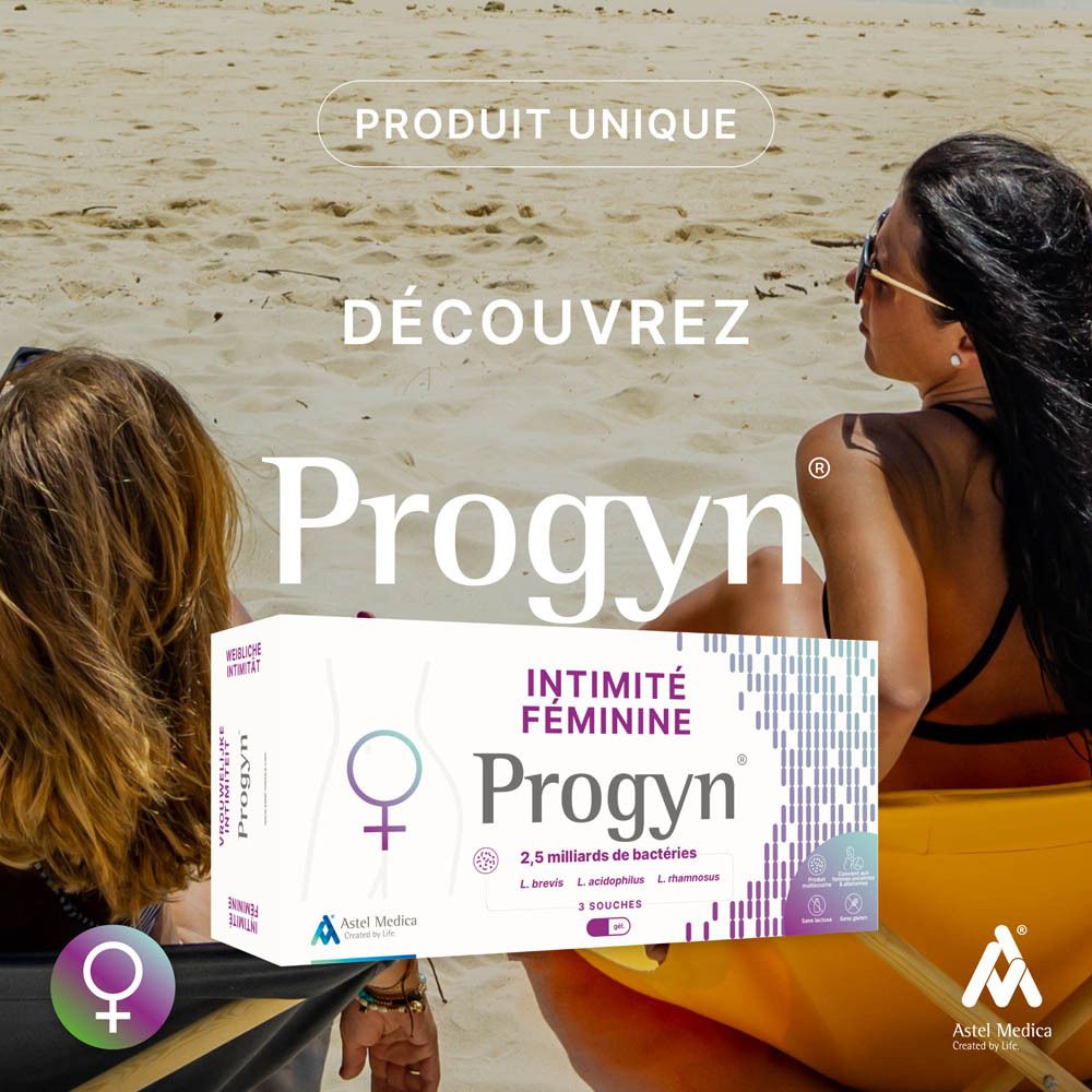 Emballage Progyn, pour l'intimité féminine, avec symboles pour 3 souches de bactéries.