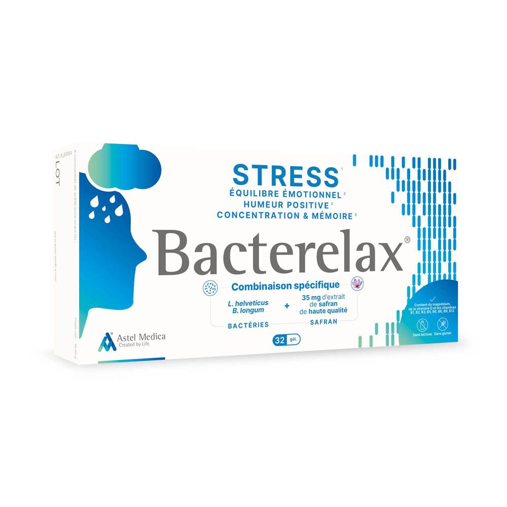 Boîte Bacterelax Stress de 32 gélules, axée sur l'équilibre émotionnel et la concentration.