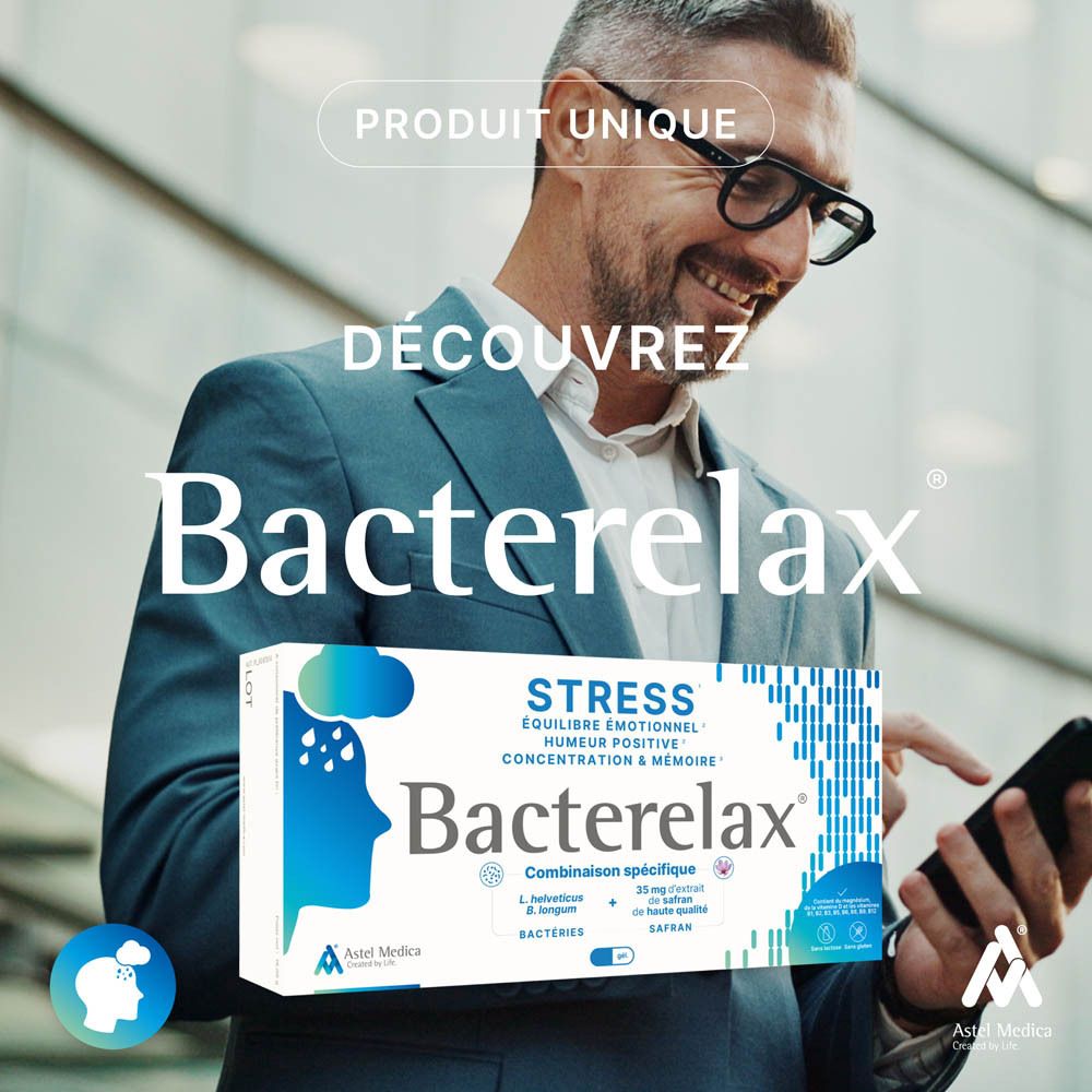 Boîte Bacterelax Stress de 32 gélules, avec description détaillée des ingrédients et des avantages.
