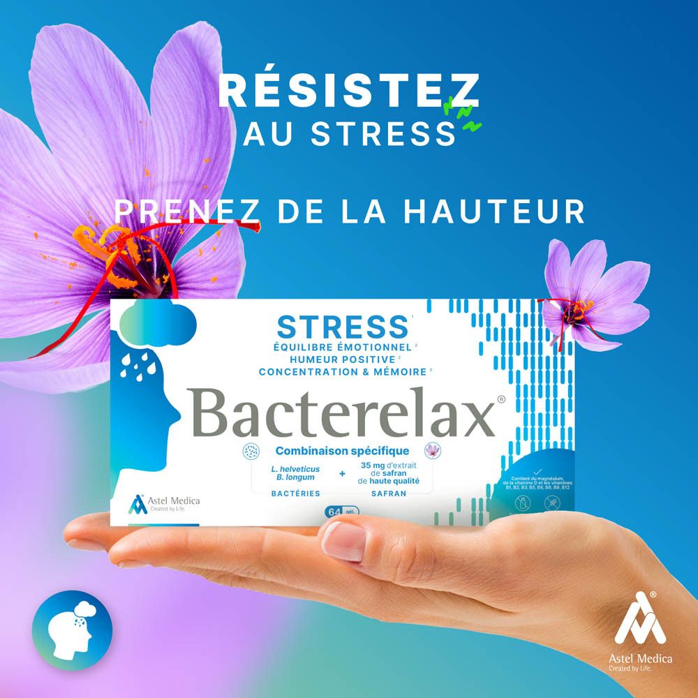 Boîte Bacterelax Stress de 32 gélules, avec informations sur le lot et la date de fabrication.