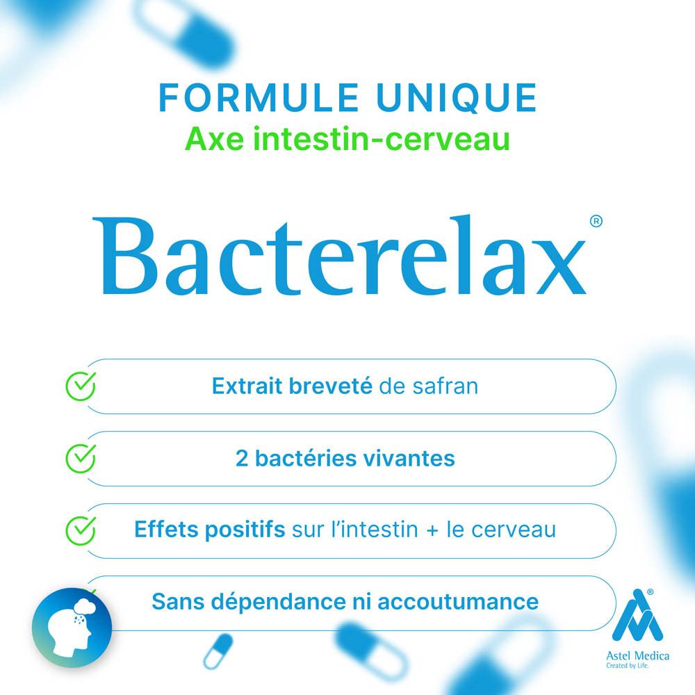 Boîte Bacterelax Stress de 32 gélules, axée sur l'équilibre émotionnel et la concentration.