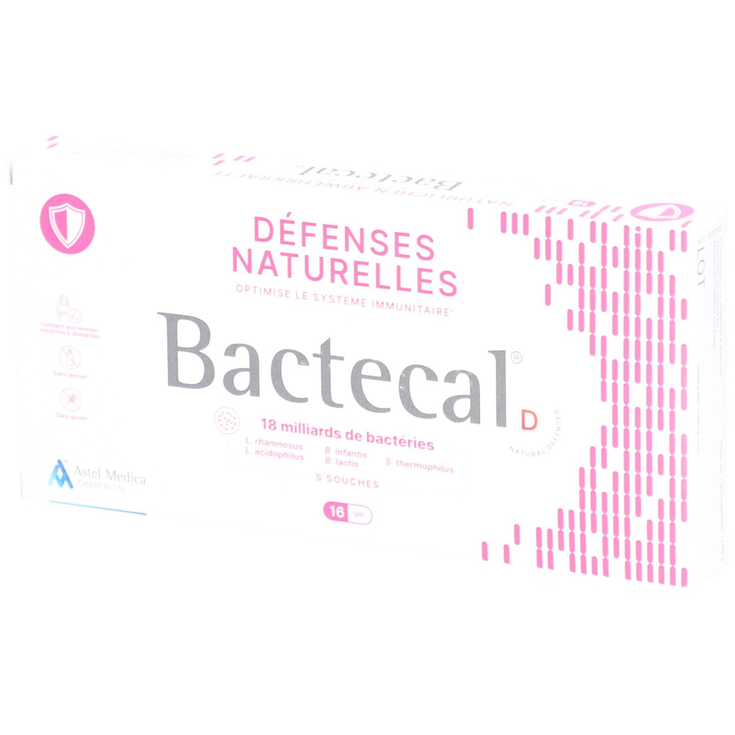 Boîte blanche Bactecal D, accents roses et texte. Contient 16 comprimés. Logo Astel Medica.