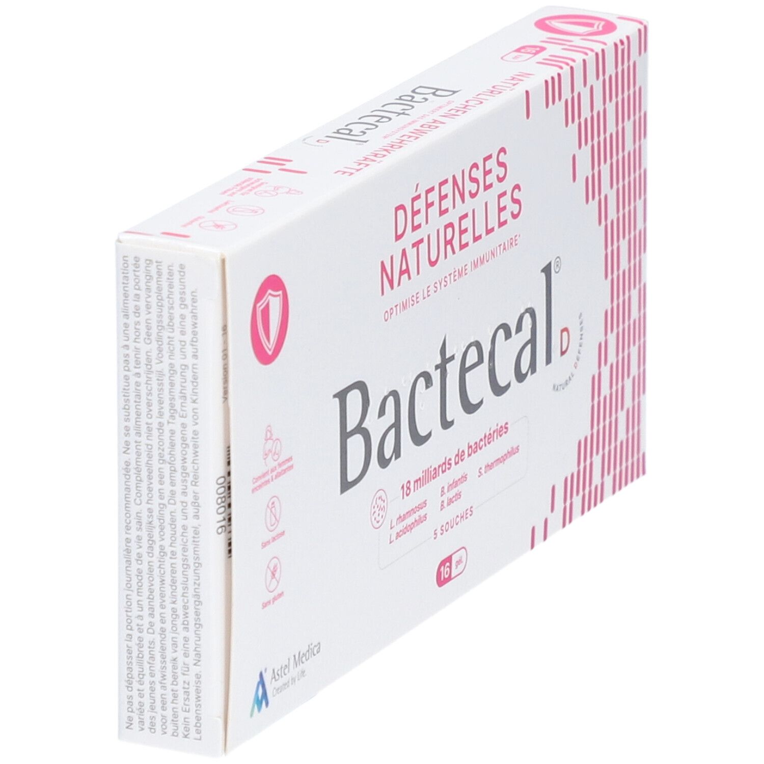 Boîte Bactecal D blanche en biais, accents roses et texte. Contient 16 comprimés. Logo Astel Medica.