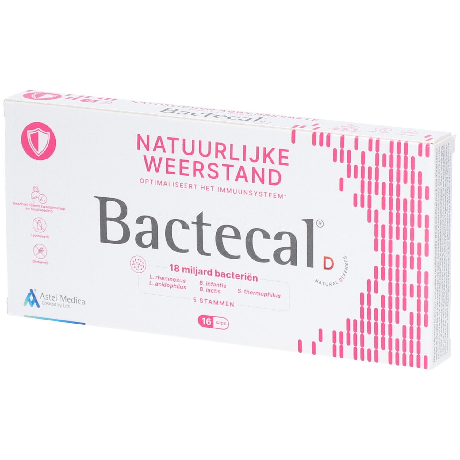 Boîte Bactecal D blanche avec texte néerlandais, accents roses et 16 comprimés. Logo Astel Medica.