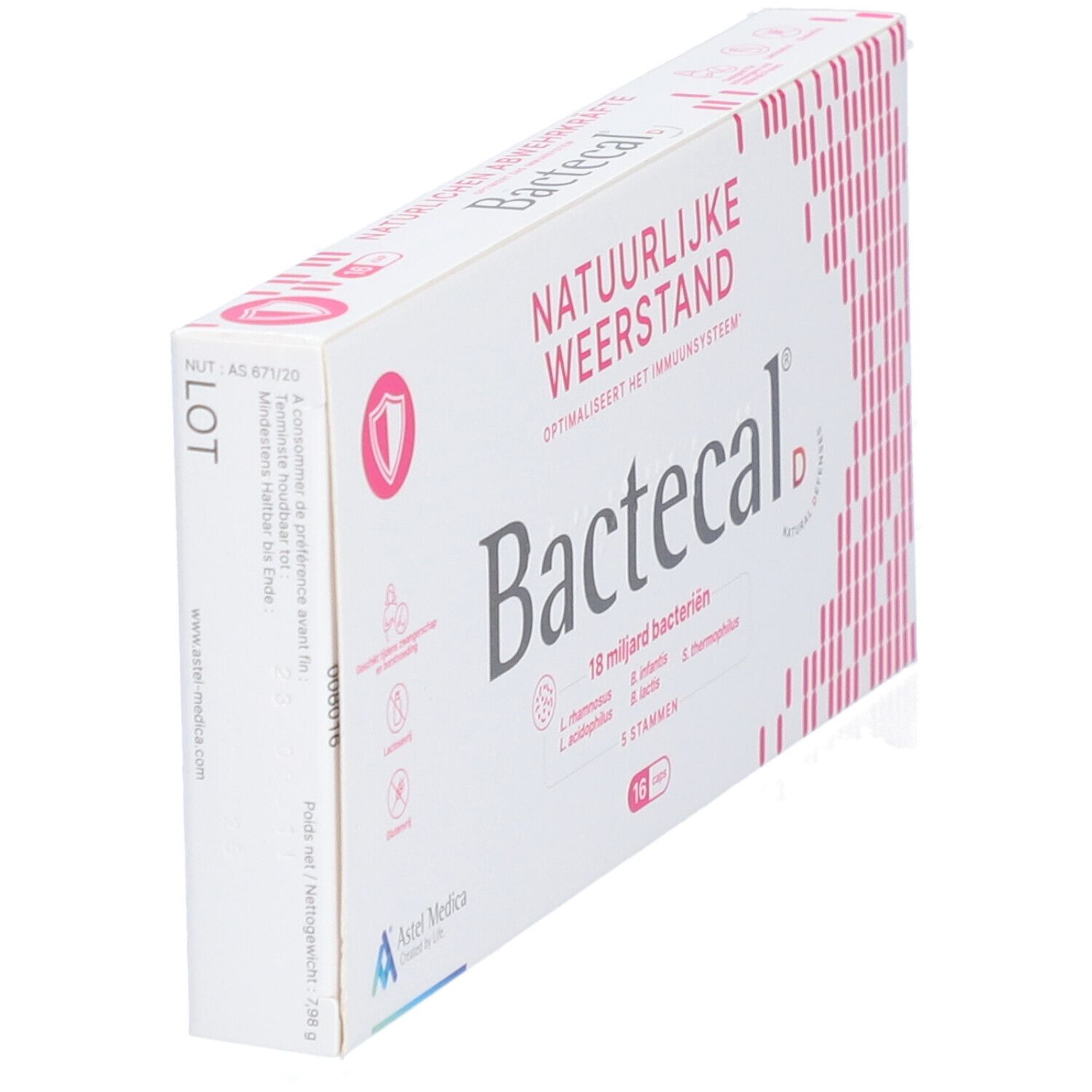 Boîte Bactecal D blanche en biais avec texte néerlandais, accents roses et 16 comprimés. Logo Astel Medica.