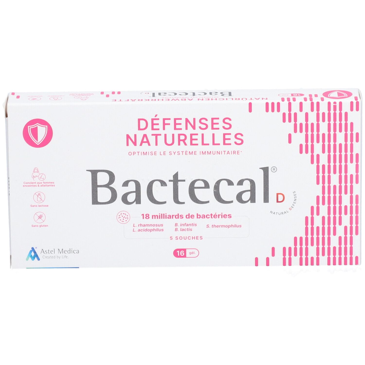 Boîte Bactecal D blanche avec texte français, accents roses et 16 comprimés. Logo Astel Medica.