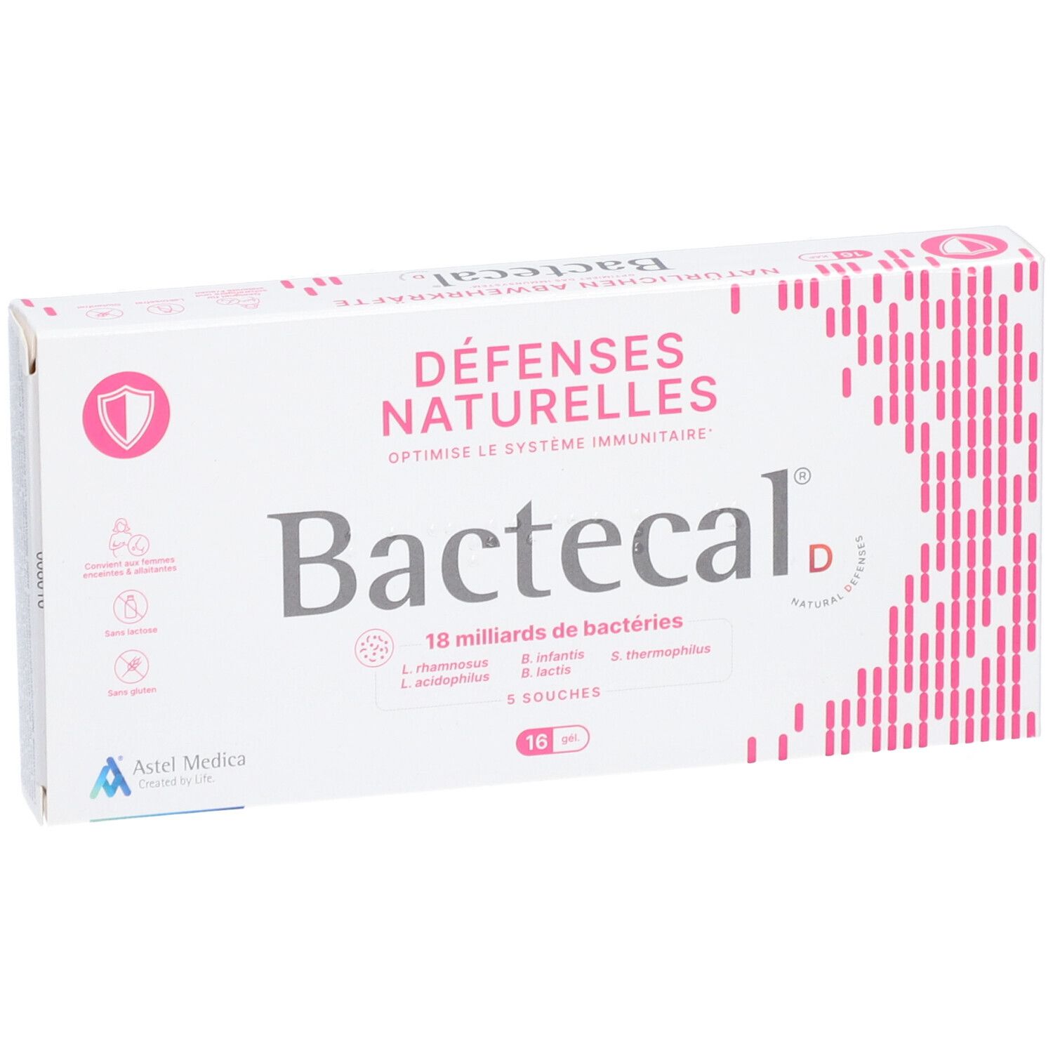 Boîte Bactecal D blanche avec texte français, accents roses et 16 comprimés. Logo Astel Medica.