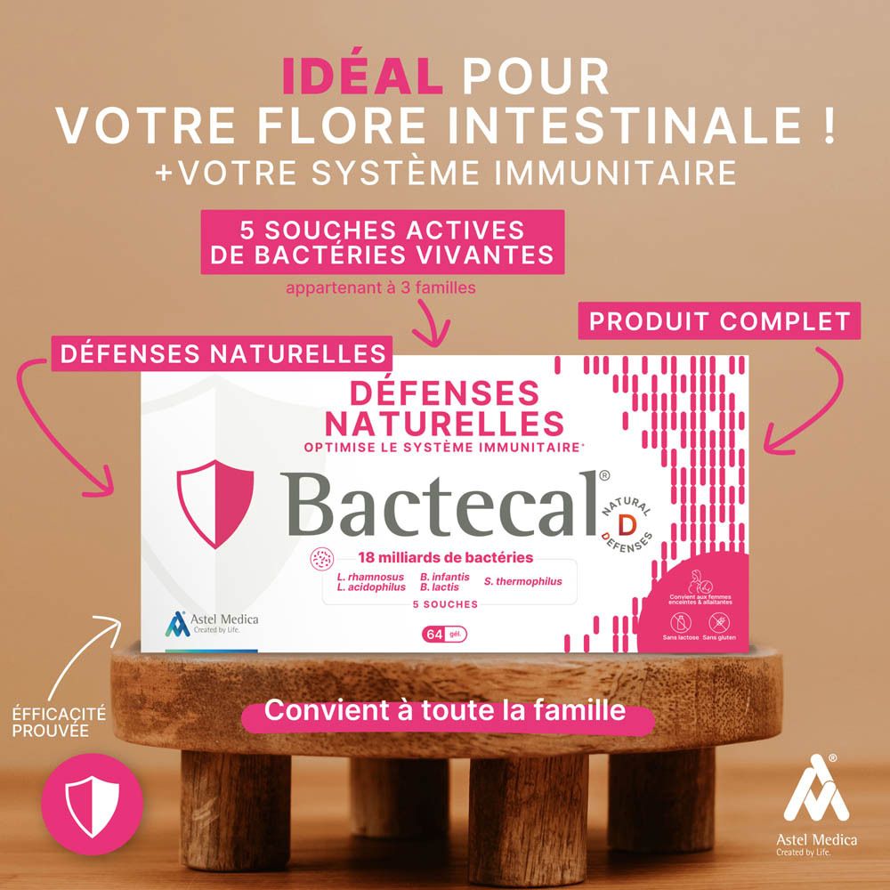 Boîte Bactecal D de 64 gélules, 18 milliards de bactéries.