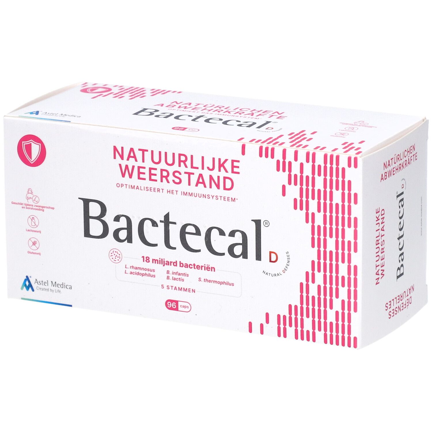 Weißer Karton mit Bactecal D-Logo. Aufschrift: Natürliche Weerstand, 18 Milliarden Bakterien, 96 Kapseln.