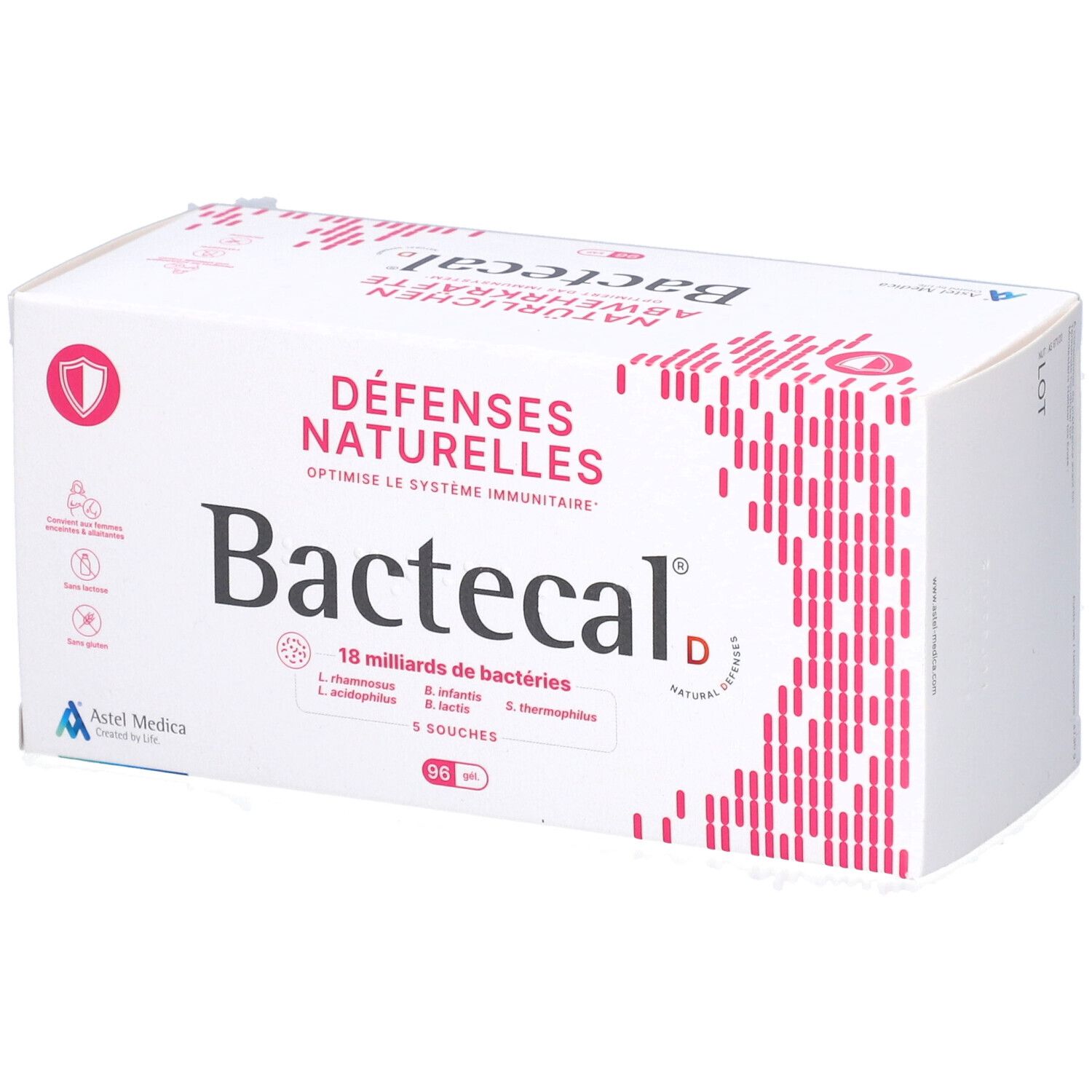 Weißer Karton Bactecal D. Aufschrift: Natürliche Abwehrkräfte, 18 Milliarden Bakterien, 96 Kapseln.