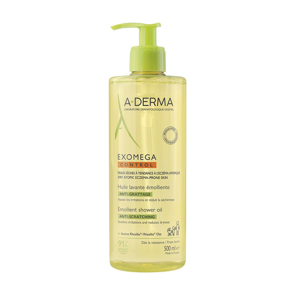 A-DERMA EXOMEGA CONTROL Huile de douche. Flacon avec pompe, liquide jaune. Texte.