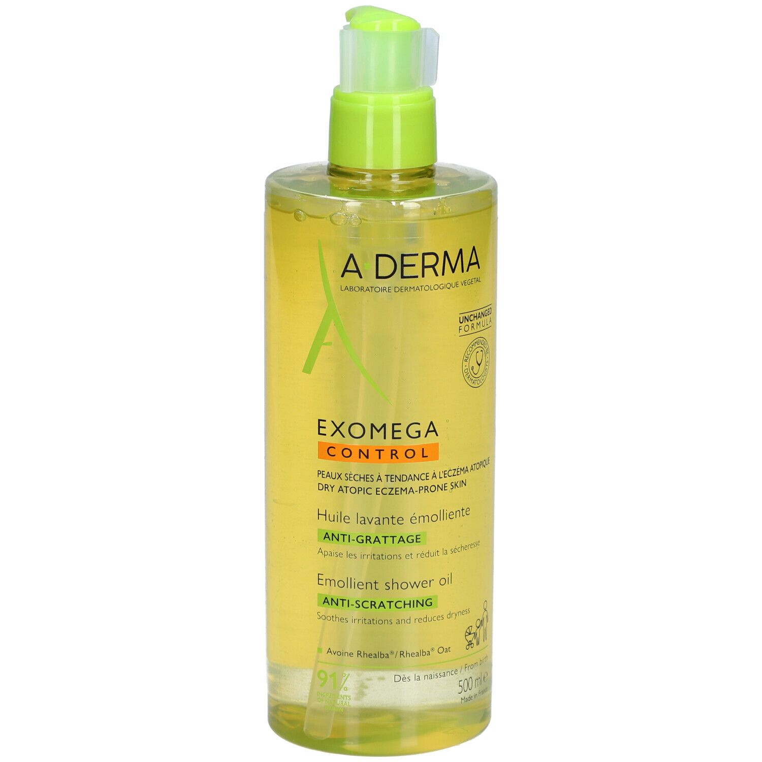 A-DERMA EXOMEGA CONTROL Duschöl. Flasche mit Spender, gelbe Flüssigkeit. Text.