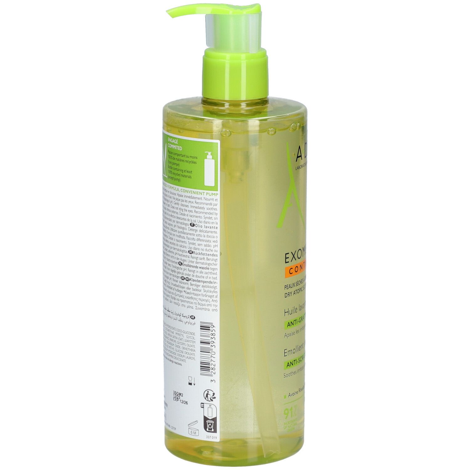 A-DERMA EXOMEGA CONTROL Duschöl. Rückseite der Flasche mit Text. Grün-gelb.