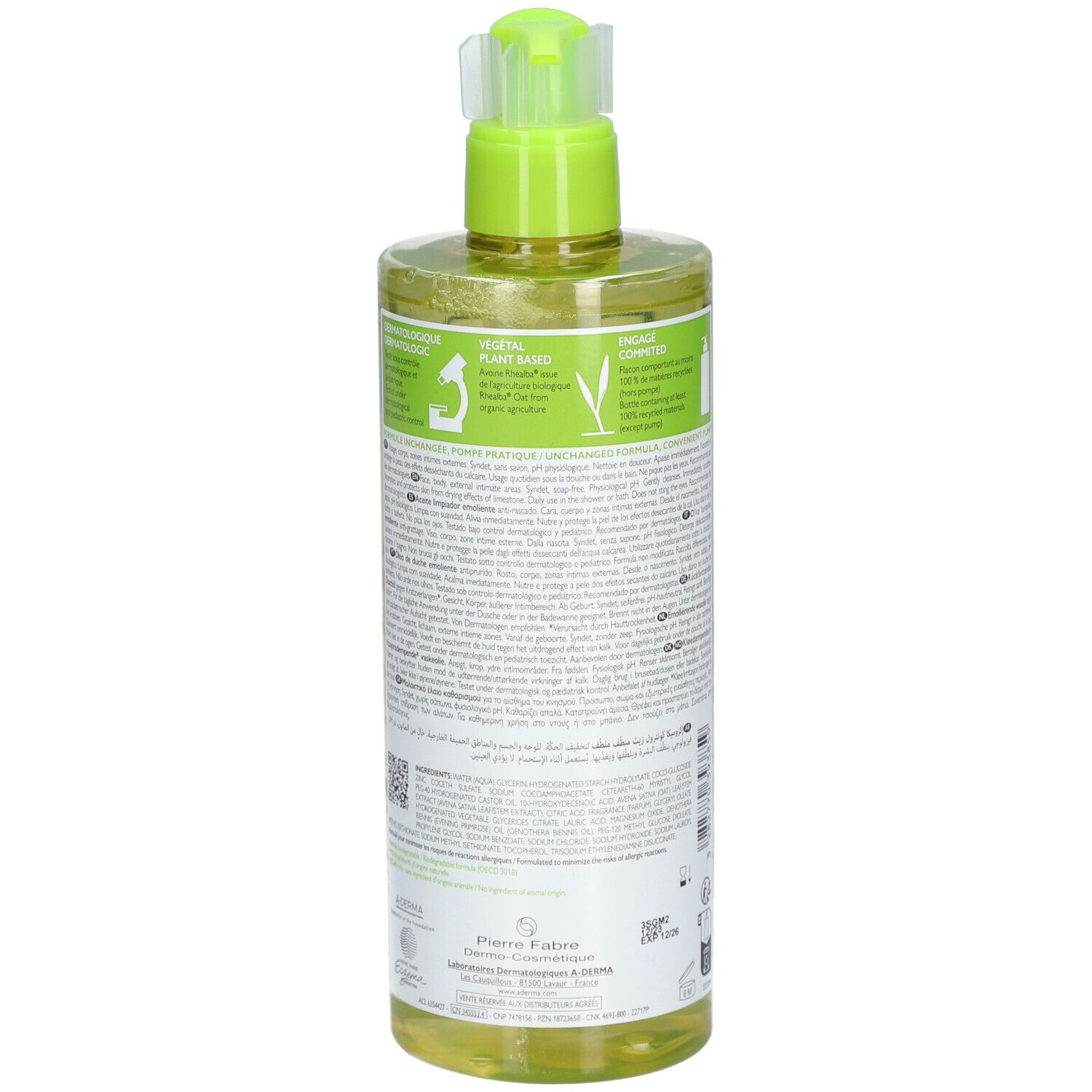A-DERMA EXOMEGA CONTROL Duschöl. Rückseite der Flasche mit Text. Grün-gelb.