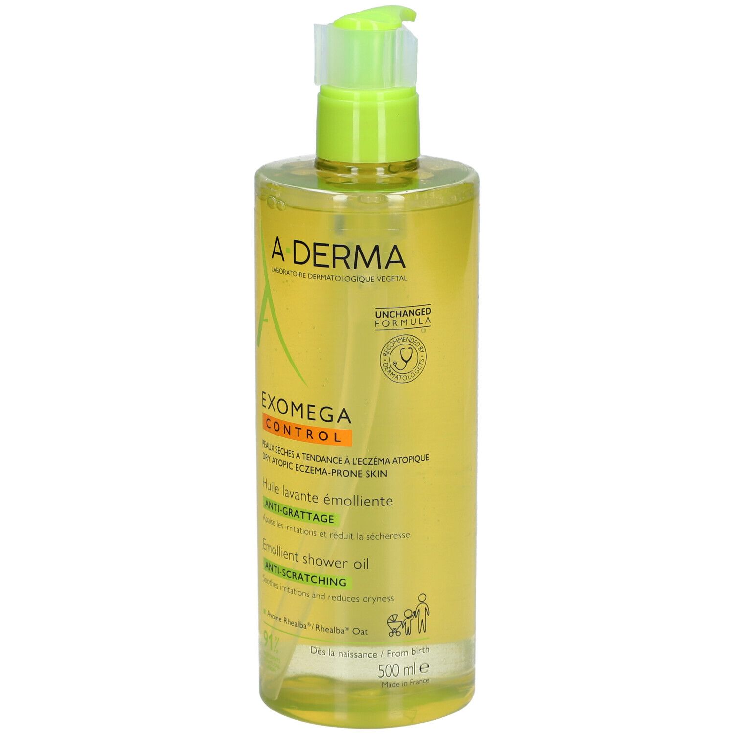 A-DERMA EXOMEGA CONTROL Duschöl. Flasche mit Spender, gelbe Flüssigkeit. Text.