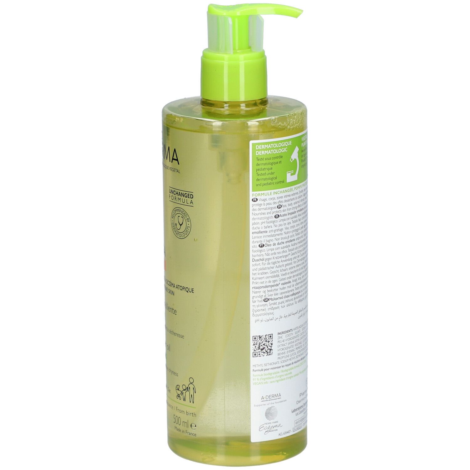 Rückansicht der A-Derma Exomega Control Flasche. Text auf dem Etikett, grüner Pumpkopf.