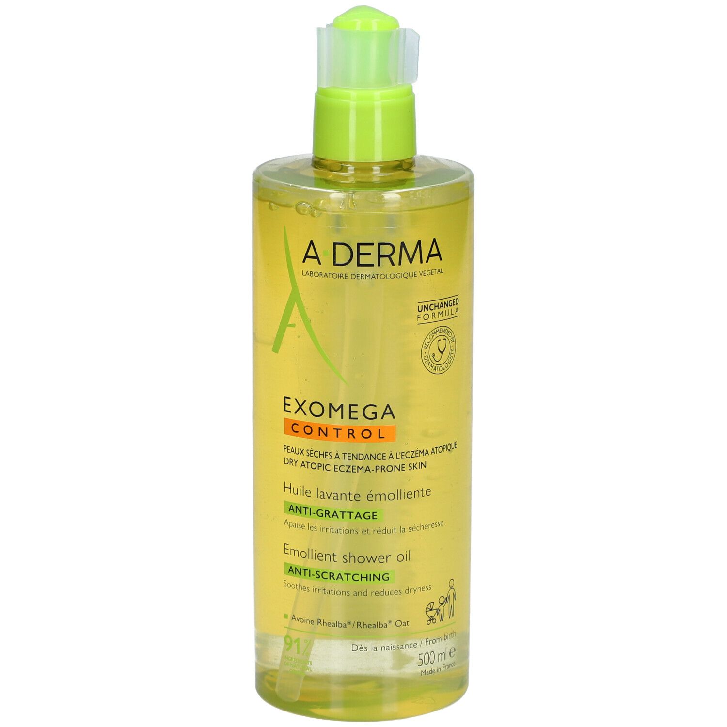 A-Derma Exomega Control Huile Lavante Emolliente, transparente Flasche mit grünem Pumpkopf. Produktbeschriftung sichtbar.