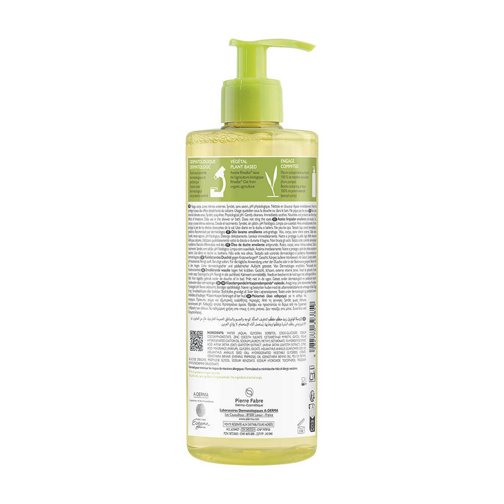 A-DERMA EXOMEGA CONTROL Huile de douche. Dos du flacon avec texte. Vert-jaune.