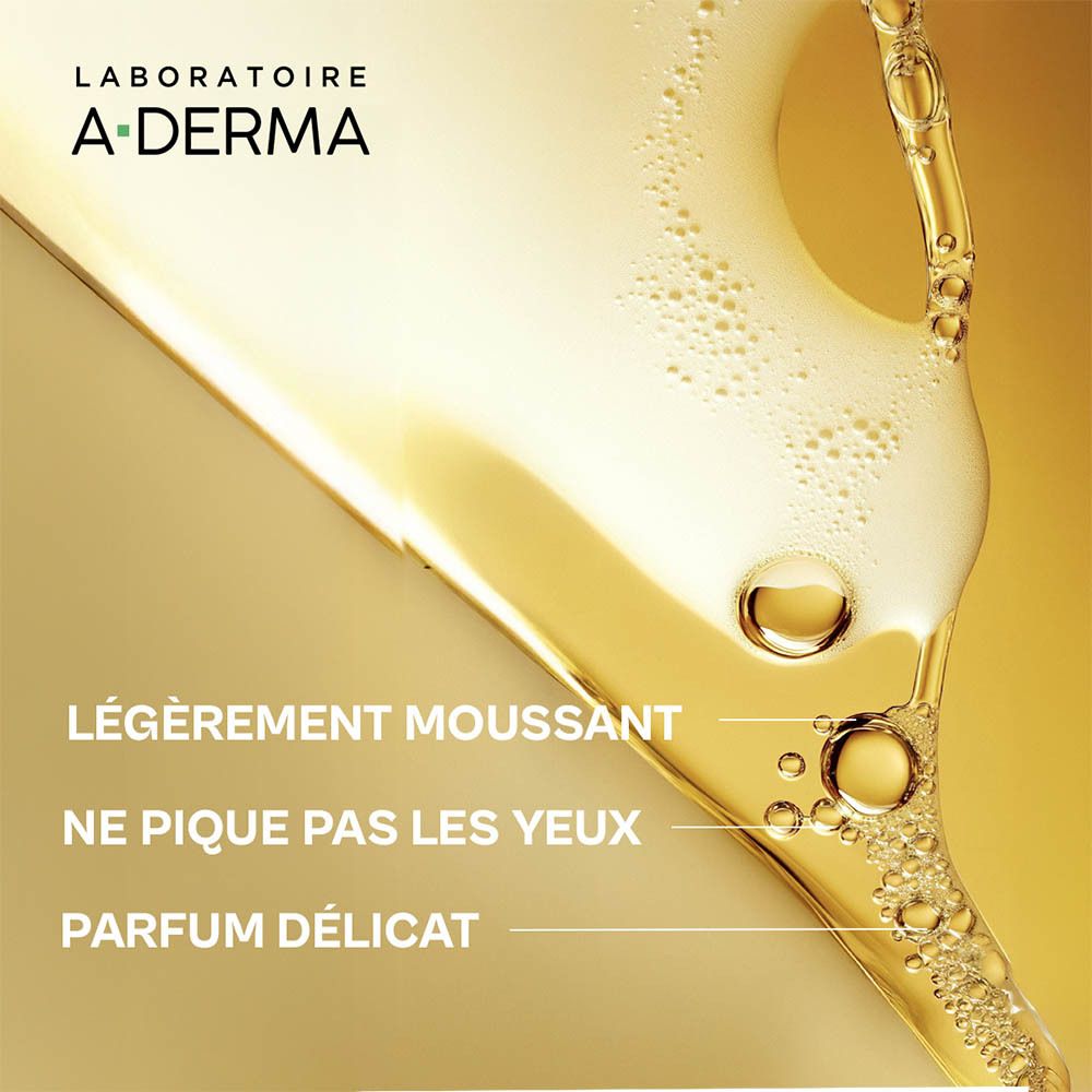 A-DERMA EXOMEGA CONTROL Huile de douche. Dos du flacon avec texte. Vert-jaune.