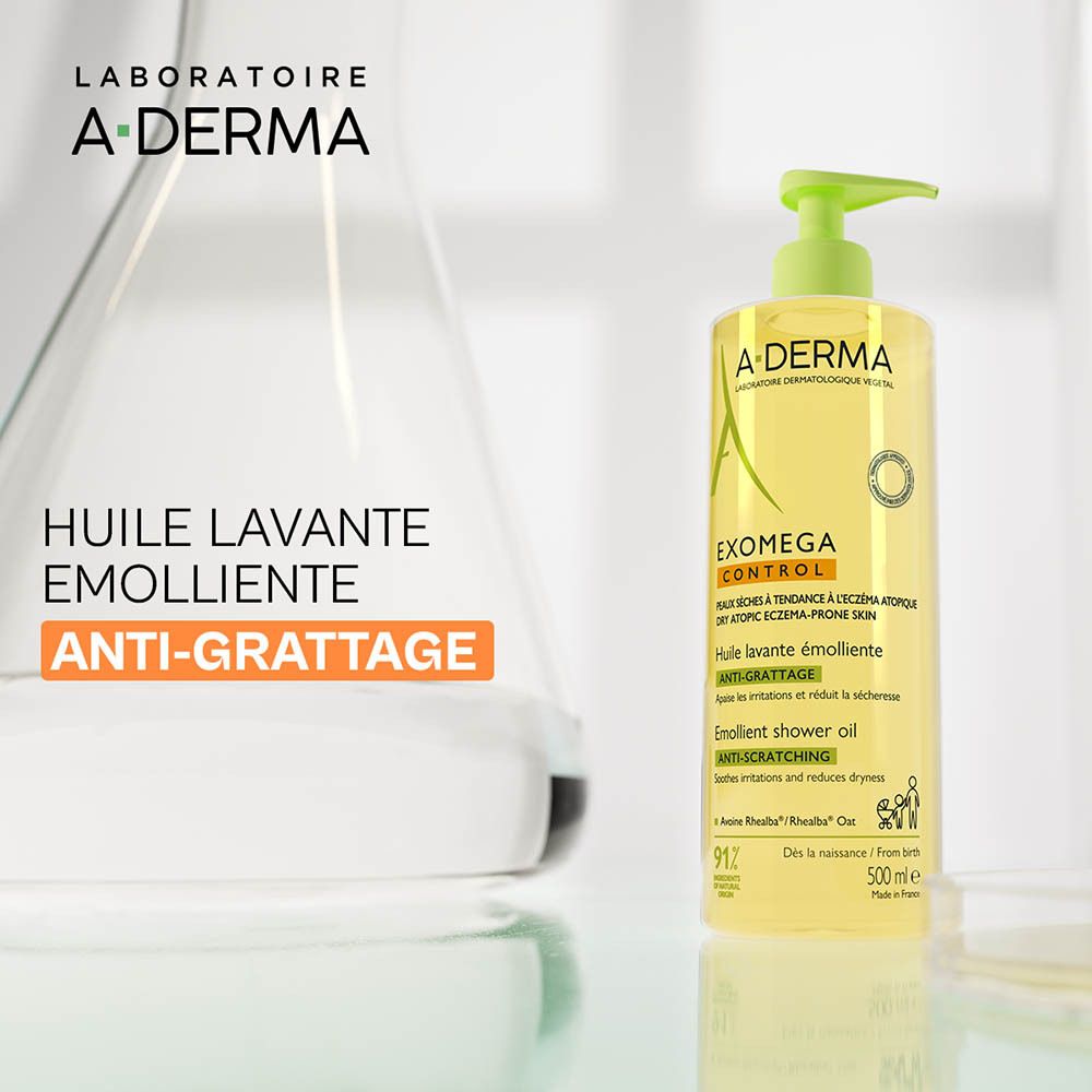 A-DERMA EXOMEGA CONTROL Huile de douche. Flacon avec pompe, liquide jaune. Texte.