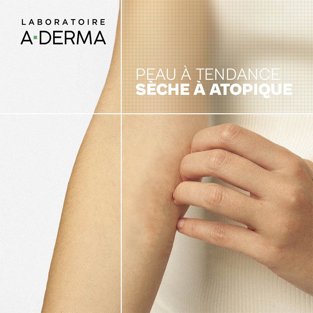 A-DERMA EXOMEGA CONTROL Huile de douche. Flacon avec pompe, liquide jaune. Texte.