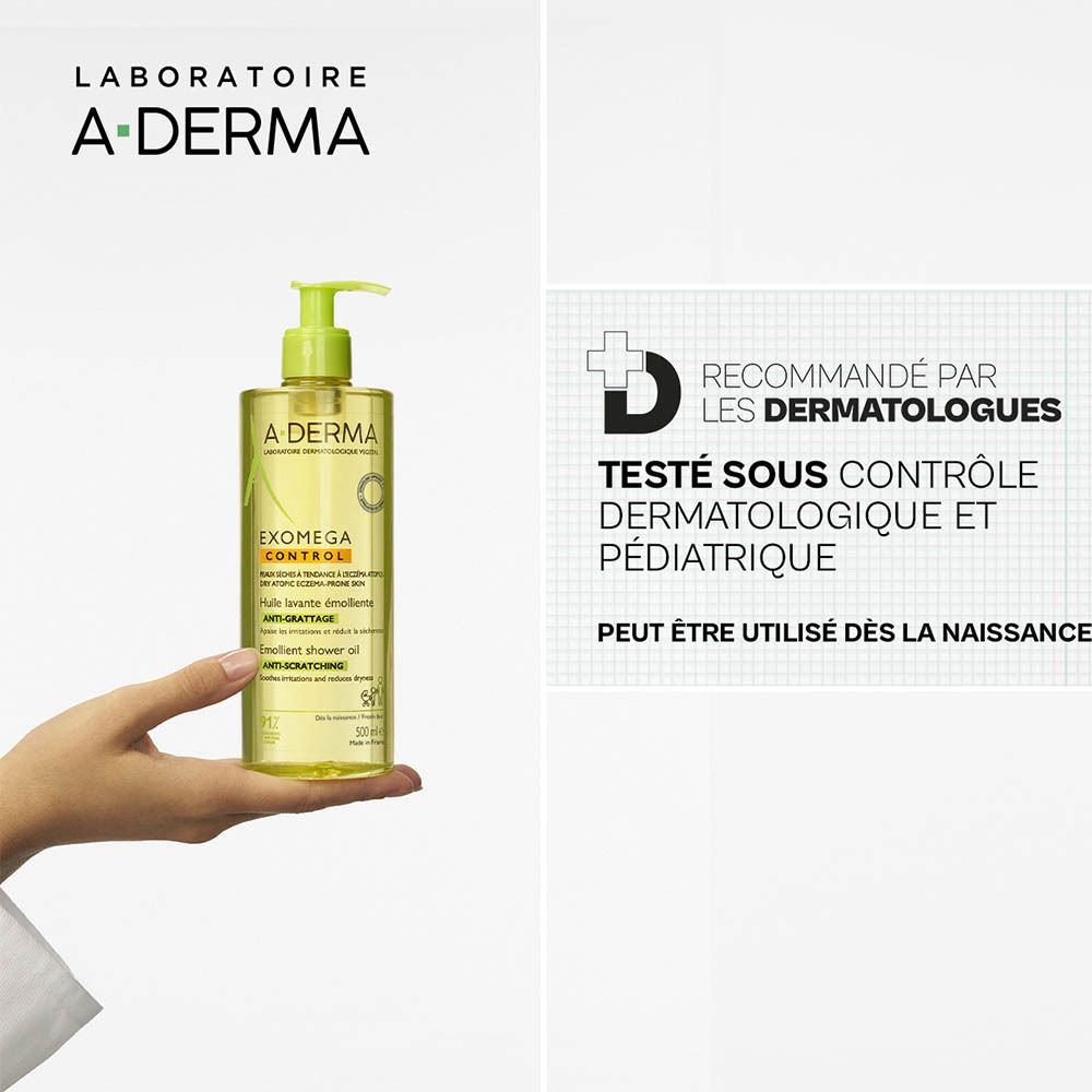 Logo A-DERMA et flacon d'huile de douche. Texte : Émollient, anti-démangeaisons.
