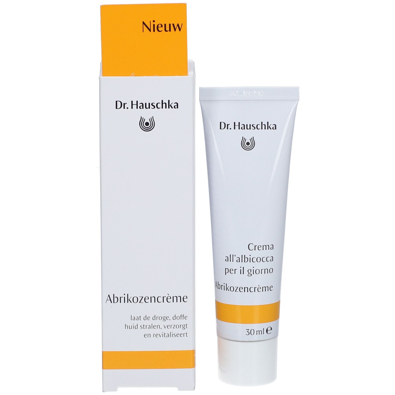 Produkt und Verpackung. Tube und Schachtel. Auf der Schachtel steht 'Nieuw'.
