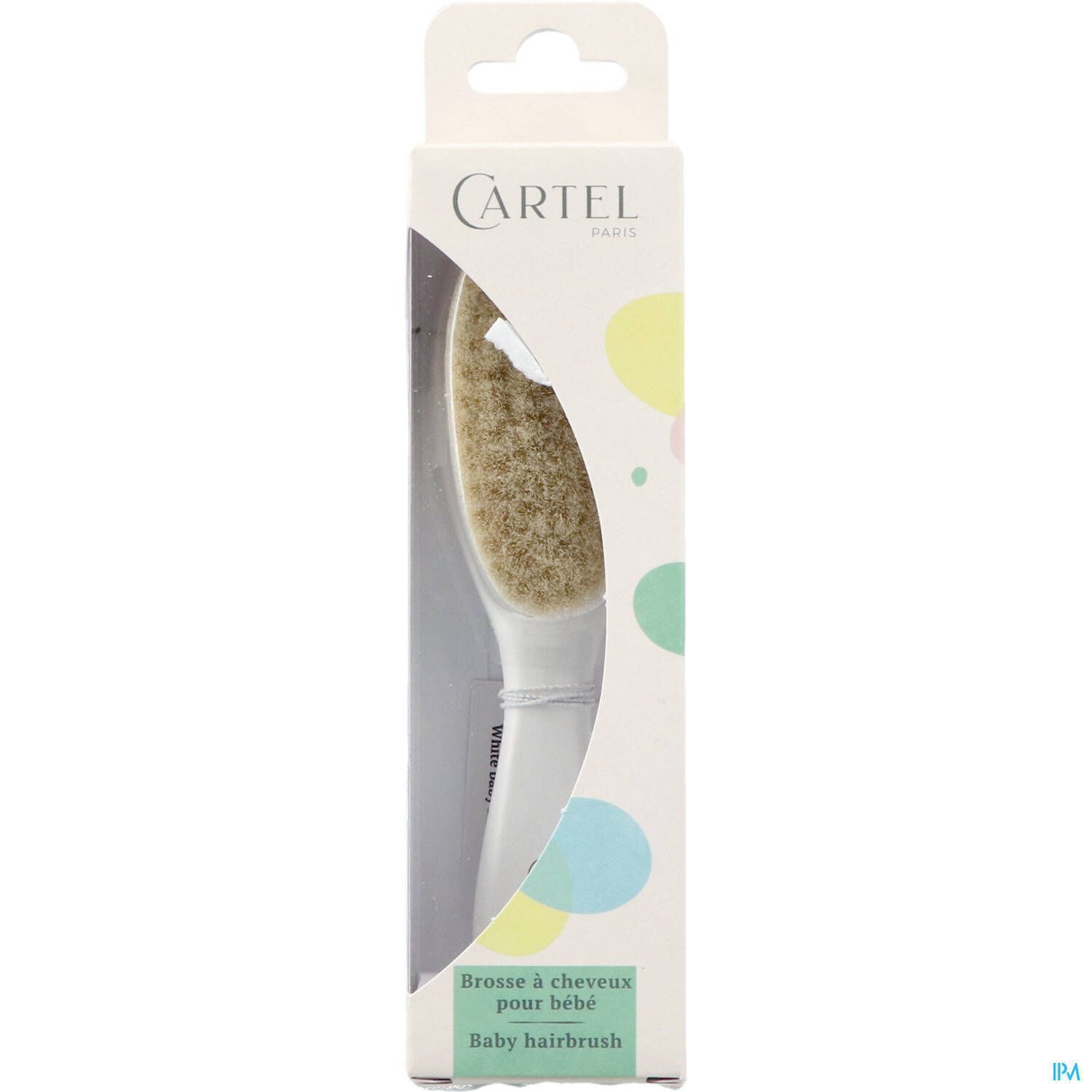 Brosse à cheveux bébé dans emballage. Manche blanc, poils clairs. Boîte avec logo de marque.