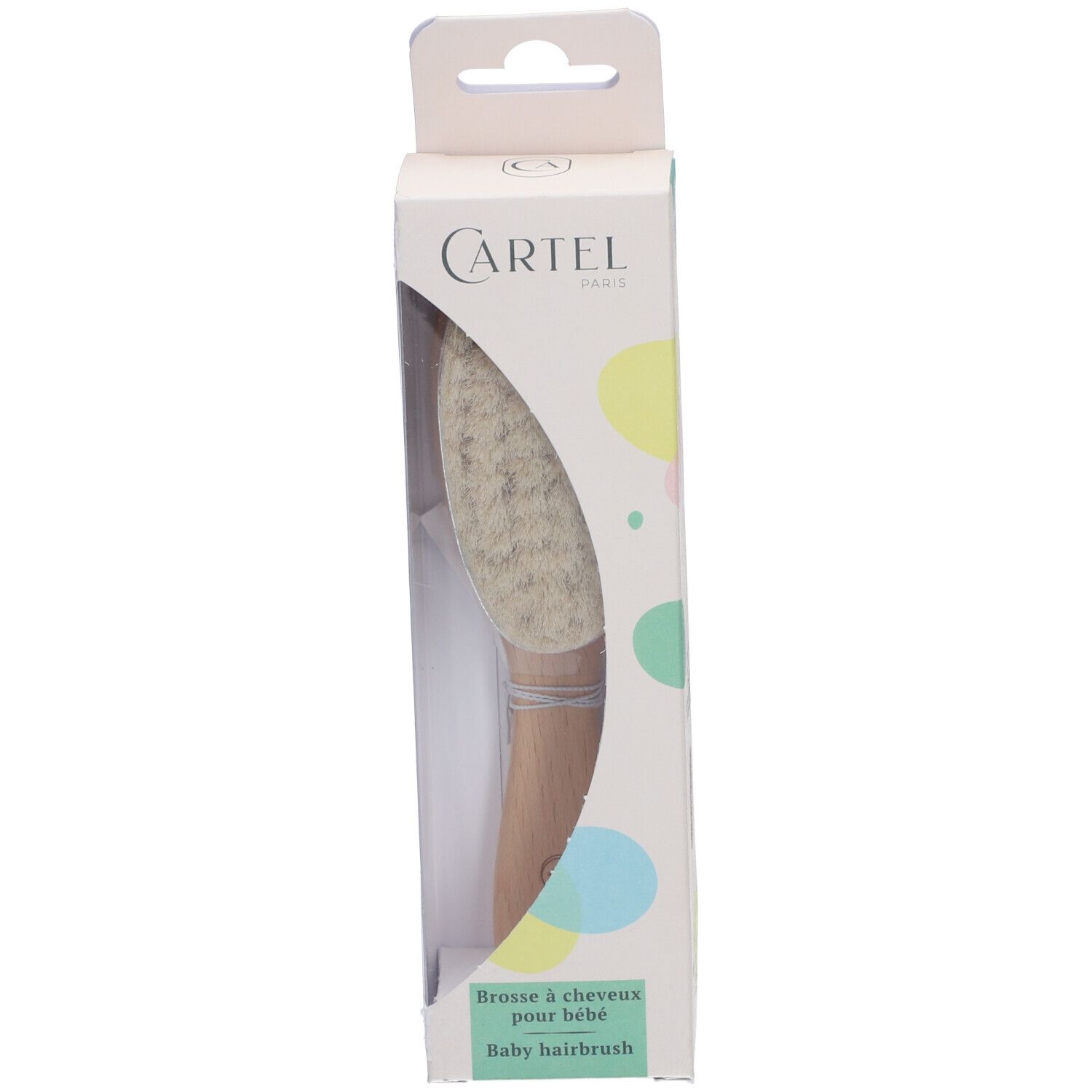 Brosse à cheveux pour bébé dans emballage. Manche en bois, soies claires, boîte avec marque.
