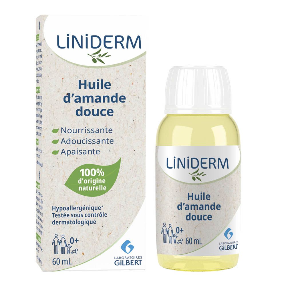 Flacon et emballage Liniderm Huile d’amande douce. Emballage avec inscription : Huile d’amande douce, 60 ml. 100% d'origine naturelle.
