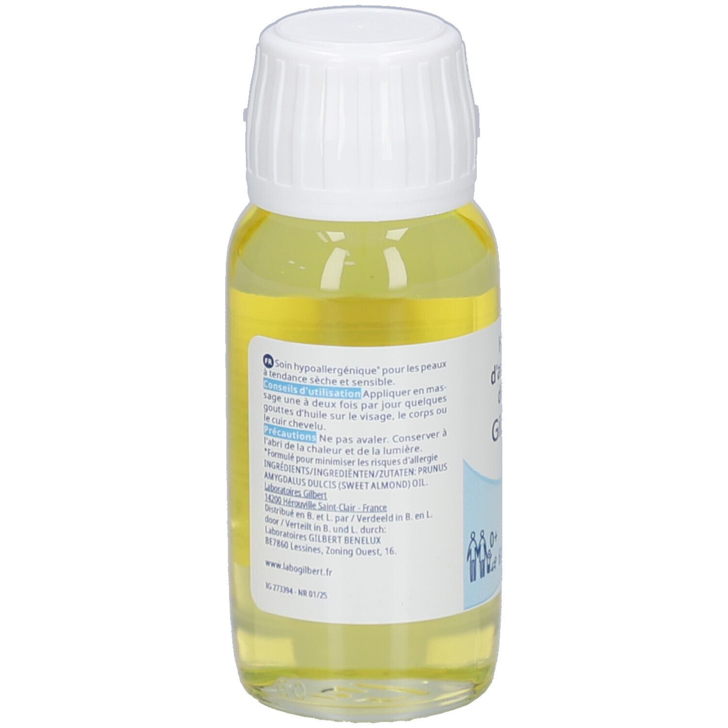 Liniderm Huile d’amande douce Flasche mit gelber Flüssigkeit und weißem Verschluss. Aufschrift: Huile d’amande douce, 60 ml.