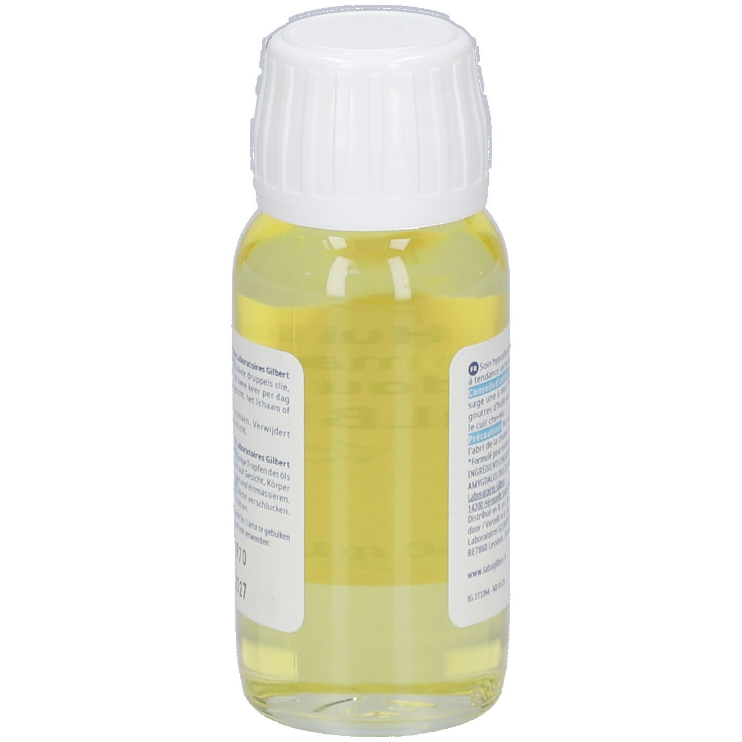 Rückseite der Liniderm Huile d’amande douce Flasche. Text in Französisch. Enthält Informationen über Inhaltsstoffe und Anwendung.