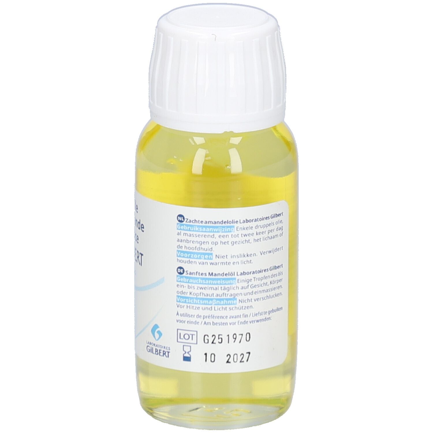 Rückseite der Liniderm Huile d’amande douce Flasche. Text in Französisch. Enthält Informationen über Inhaltsstoffe und Anwendung.