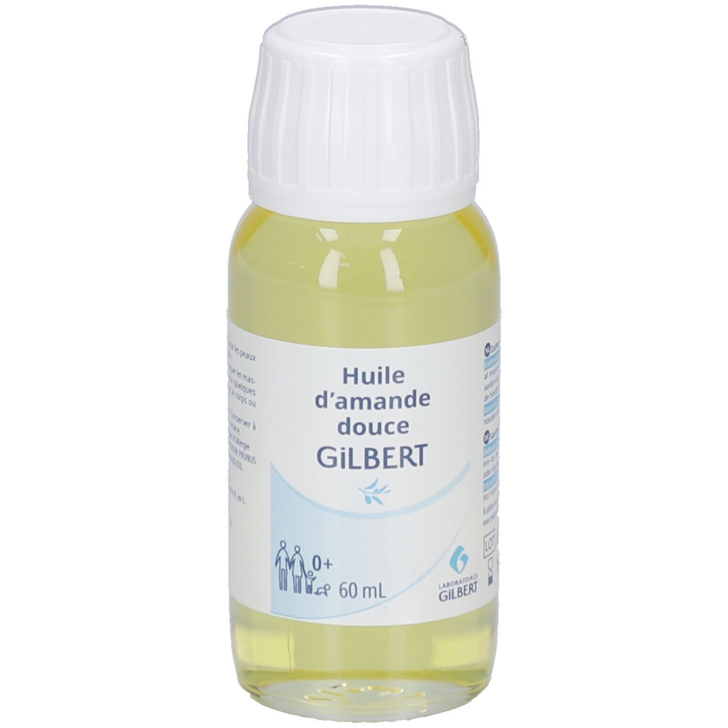 Rückseite der Liniderm Huile d’amande douce Flasche. Text in Französisch und Niederländisch. Enthält Informationen über Anwendung.