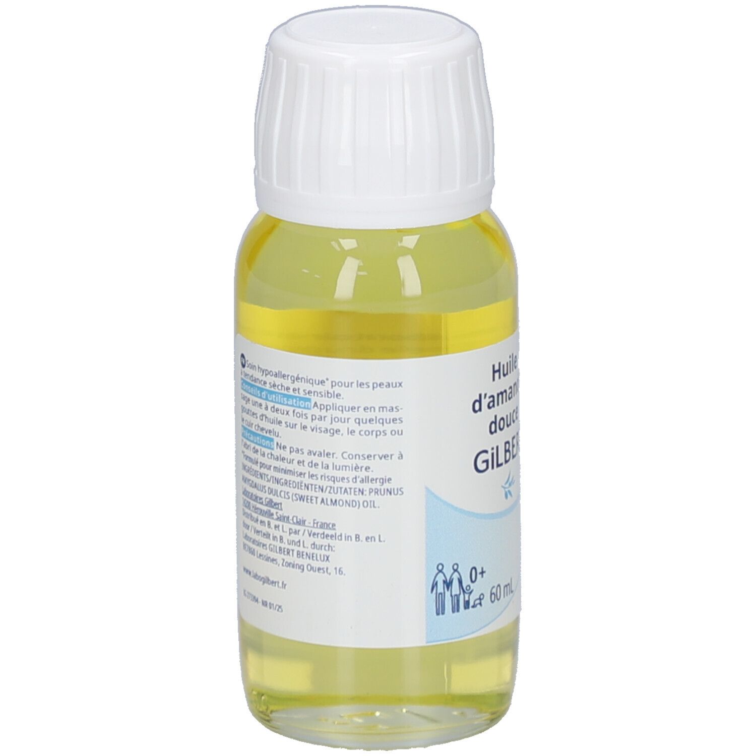 Liniderm Huile d’amande douce Flasche mit gelber Flüssigkeit und weißem Verschluss. Aufschrift: Huile d’amande douce, 60 ml.