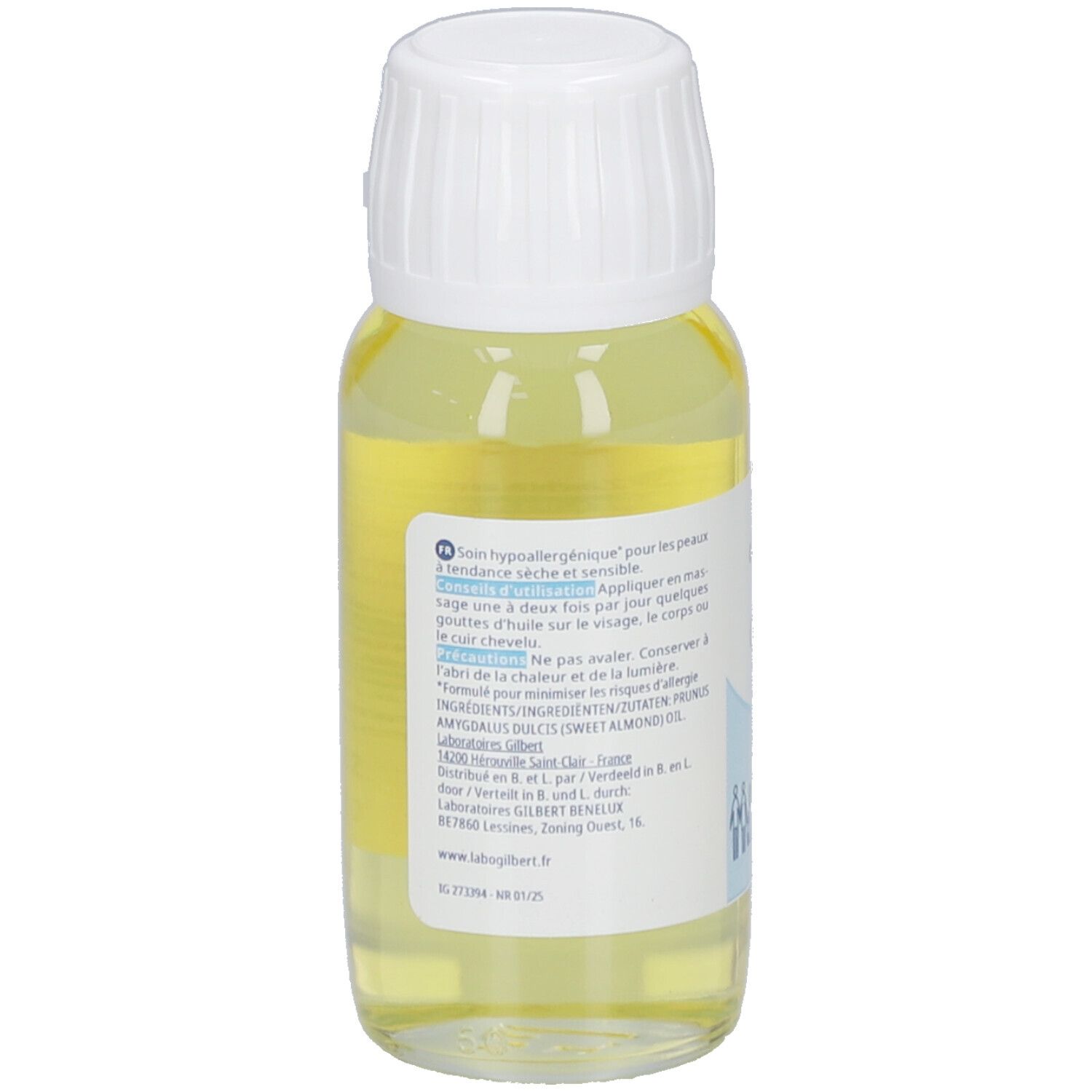 Liniderm Huile d’amande douce Flasche mit gelber Flüssigkeit und weißem Verschluss. Aufschrift: Huile d’amande douce, 60 ml.