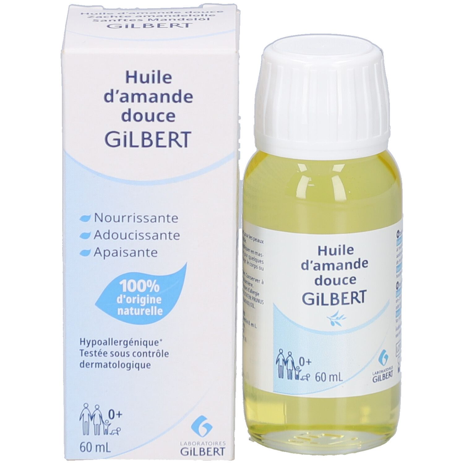Liniderm Huile d’amande douce Flasche und Verpackung. Verpackung mit Aufschrift: Huile d’amande douce, 60 ml. 100% natürliche Herkunft.