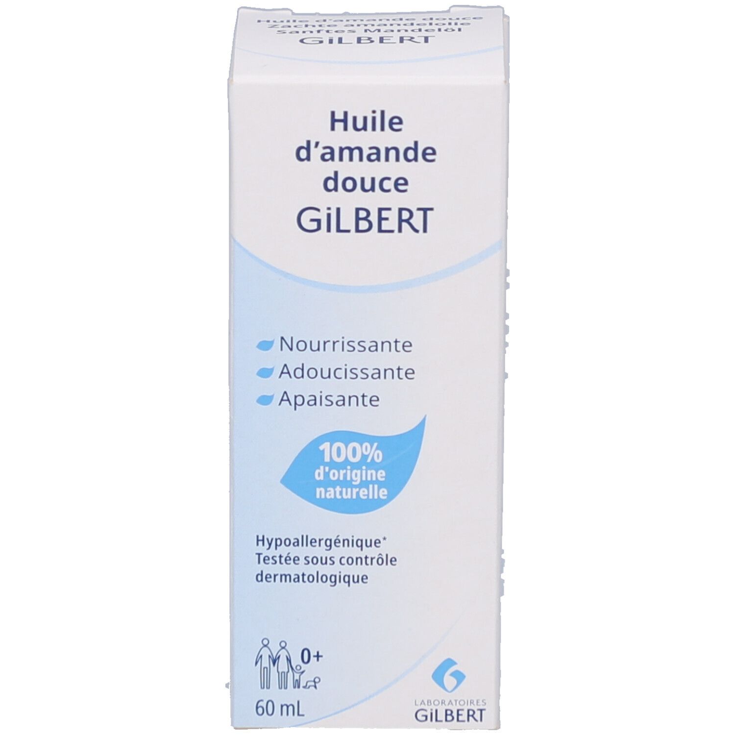 Verpackung von Liniderm Huile d’amande douce. Aufschrift: Huile d’amande douce, 60 ml. 100% natürliche Herkunft.