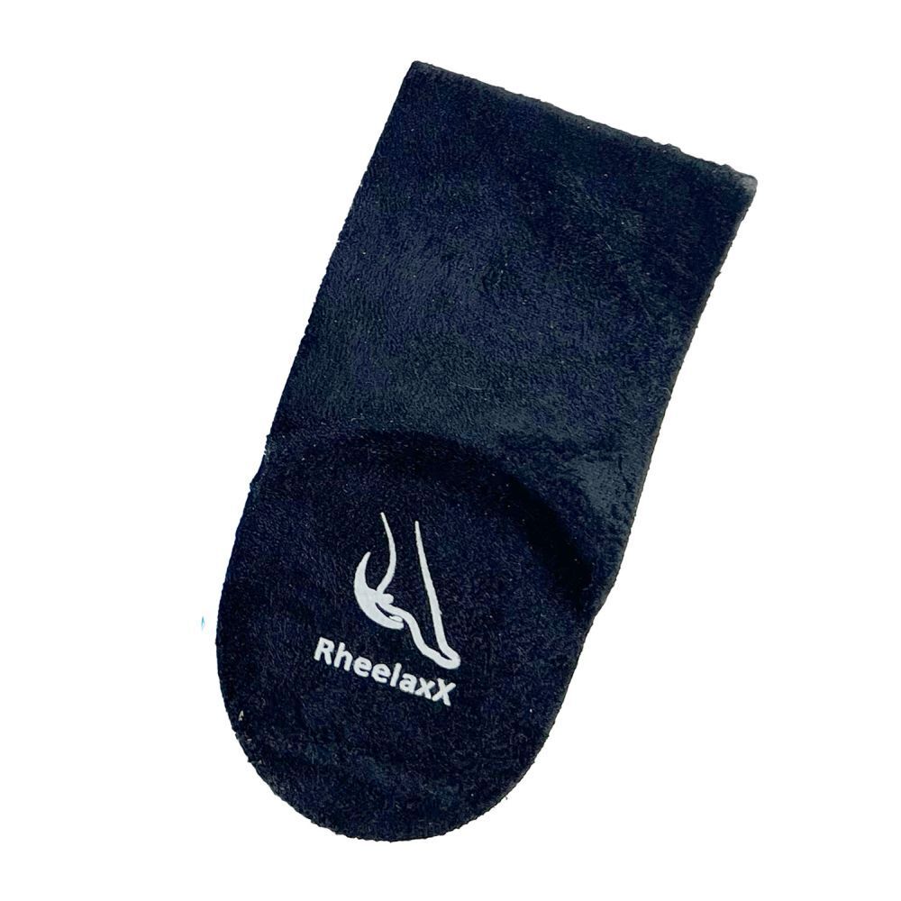 Coussinet noir avec logo Rheelaxx blanc. Vue rapprochée.