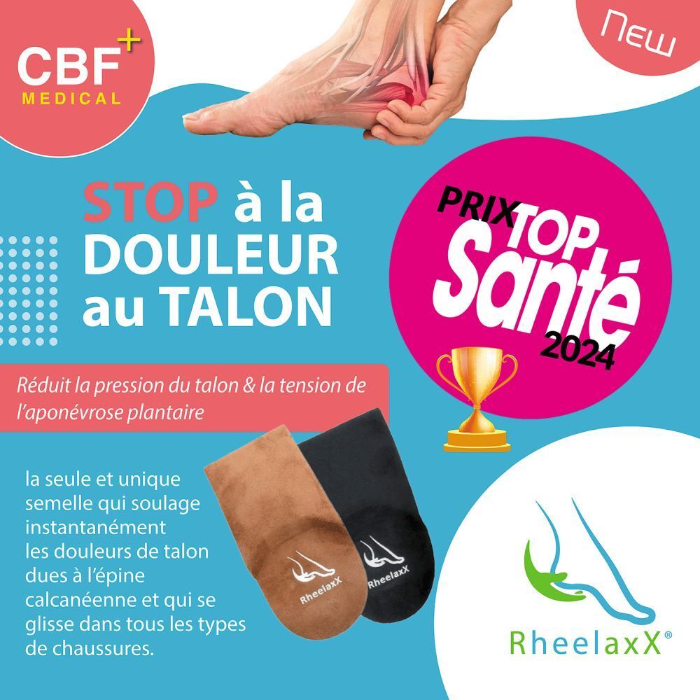 Visuel publicitaire avec coussinets Rheelaxx STOP. Logo Prix Top Santé 2024. Beige et noir. Texte: Douleur au talon.