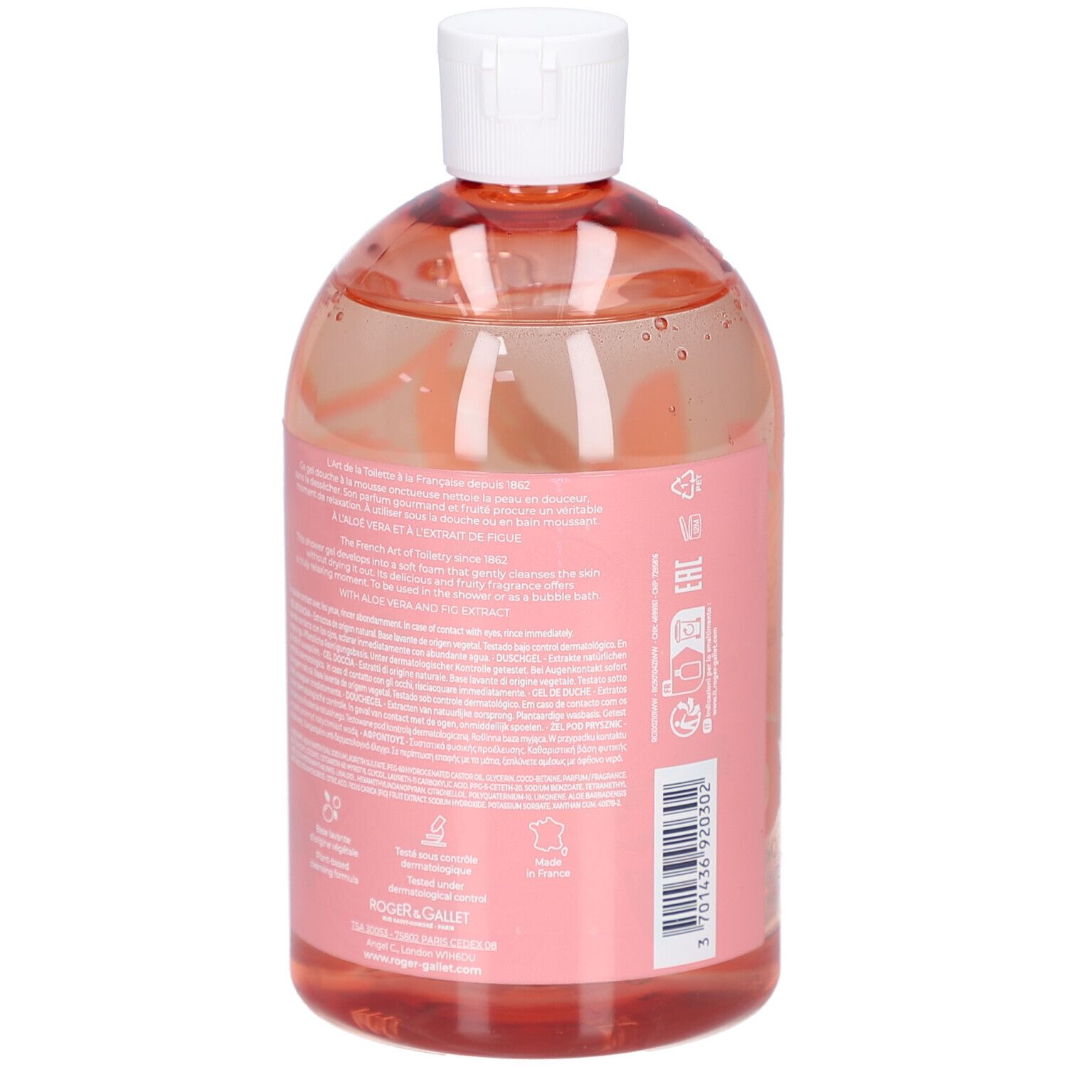 Dos du flacon de gel douche. Liquide rose. Texte sur étiquette rose. Symboles de recyclage.